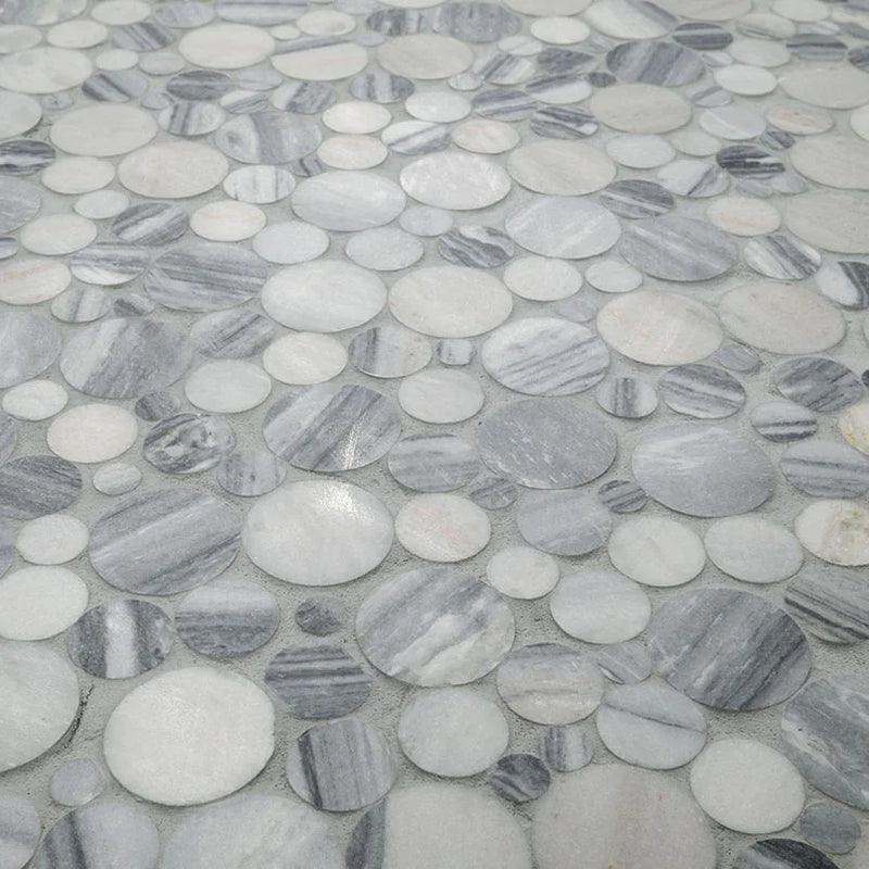 Alaska Gray Pebbles Mesh Backed Polished Marble Mosaic Tile