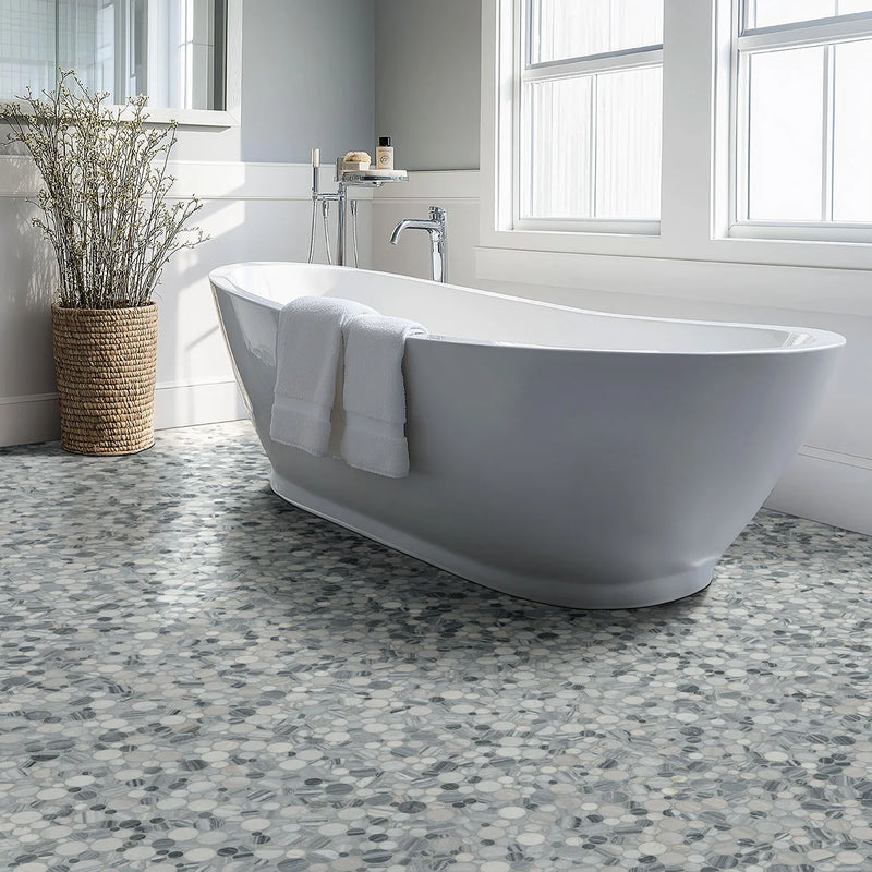 Alaska Gray Pebbles Mesh Backed Polished Marble Mosaic Tile