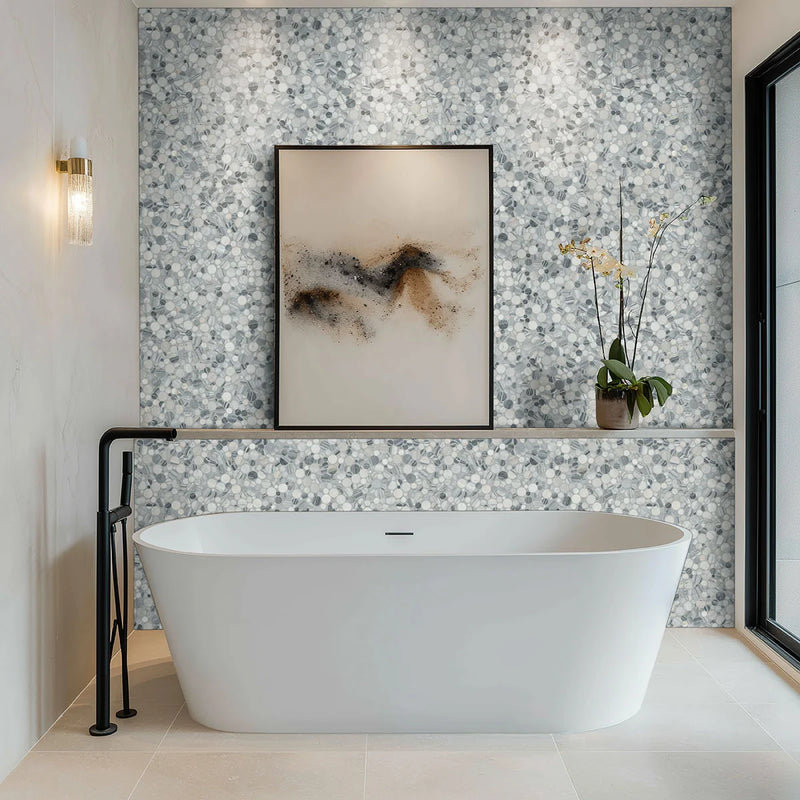 Alaska Gray Pebbles Mesh Backed Polished Marble Mosaic Tile