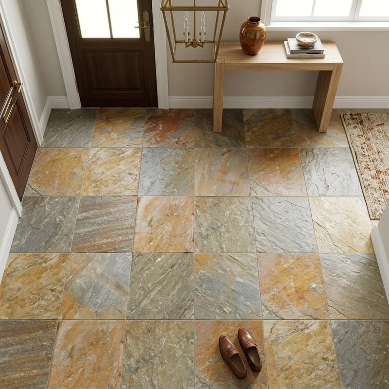 Amber Gold 12x12 Gauged Quartzite Tile — Foyer floor