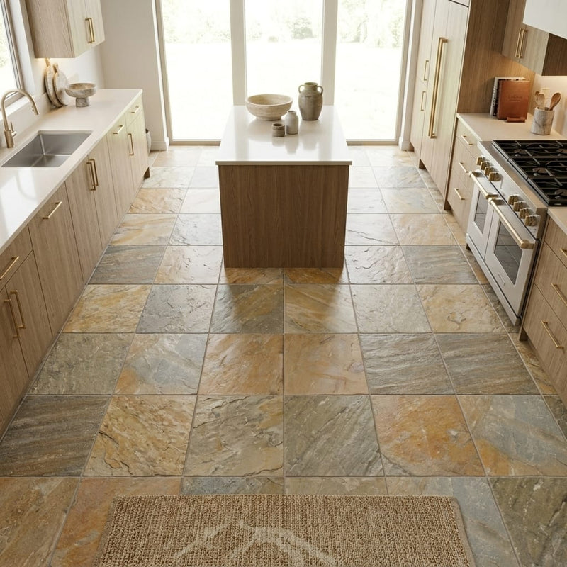 Amber Gold 12x12 Gauged Quartzite Tile — Kitchen floor