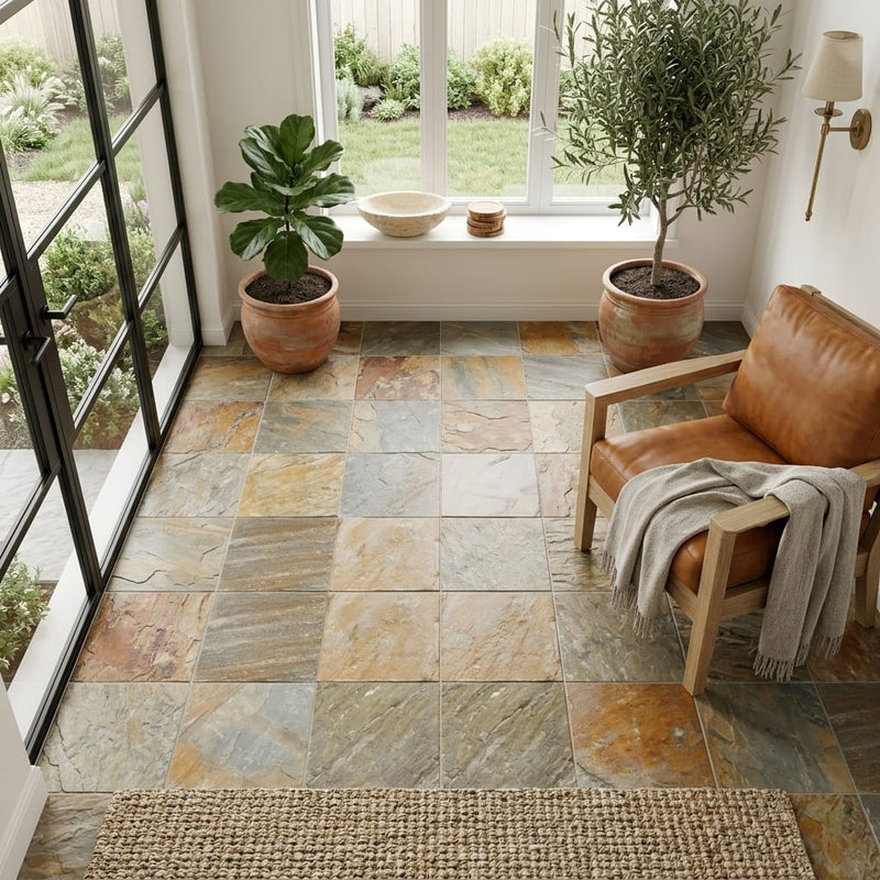 Amber Gold 12x12 Gauged Quartzite Tile — Sunroom floor