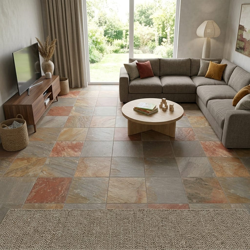 Amber Gold 16x16 Gauged Sandstone Tile — Family Room floor