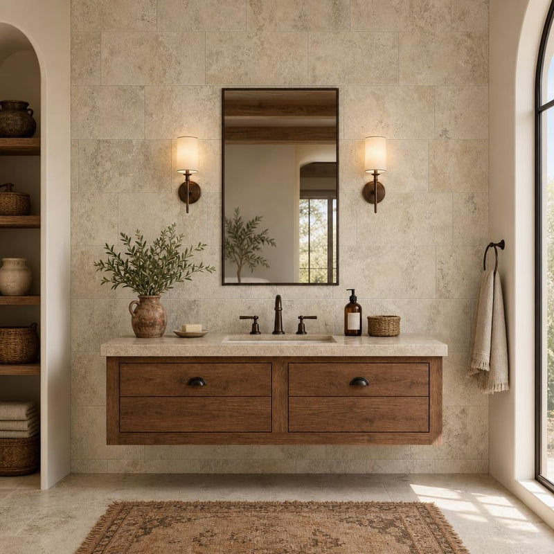 Ancient Castle 16x24 Tumbled Travertine Tile — Bathroom vanity wall