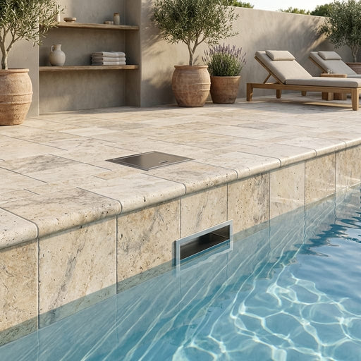 Ancient Castle Travertine Coping 12x12 Tumbled Bullnose 1.25 inch pool coping — Swimming Pool remodel pool edge