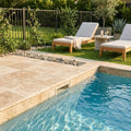 Ancient Castle Travertine Coping 12x12 Unfilled, Honed Bullnose 1.25 inch pool coping — Swimming Pool pool edge drop-face coping
