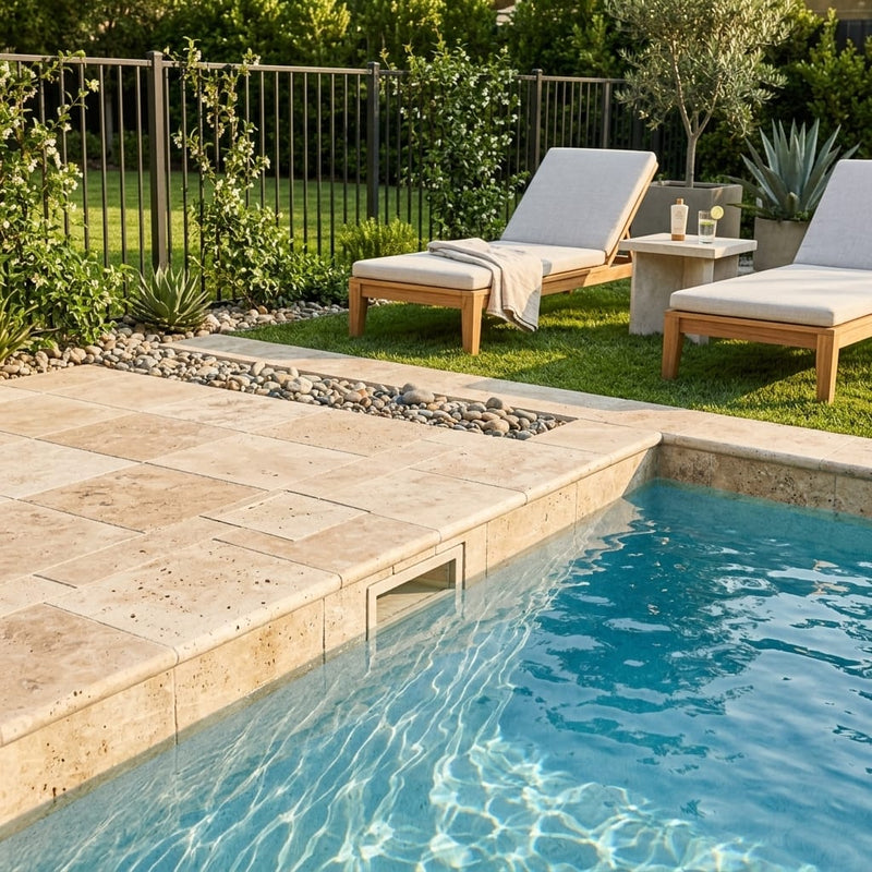 Ancient Castle Travertine Coping 12x12 Unfilled, Honed Bullnose 1.25 inch pool coping — Swimming Pool pool edge drop-face coping
