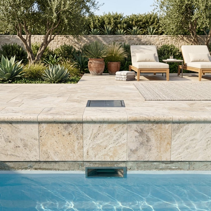 Ancient Castle Travertine Coping 12x12 Unfilled, Honed Bullnose 1.25 inch pool coping — Swimming Pool remodel pool edge