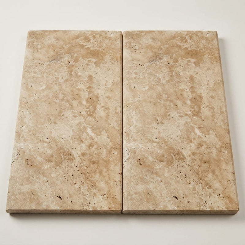 Ancient Castle Travertine Coping 12x24 Tumbled Bullnose 1.25 inch close-up