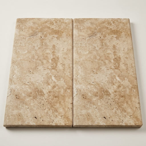 Ancient Castle Travertine Coping 12x24 Tumbled Bullnose 1.25 inch close-up