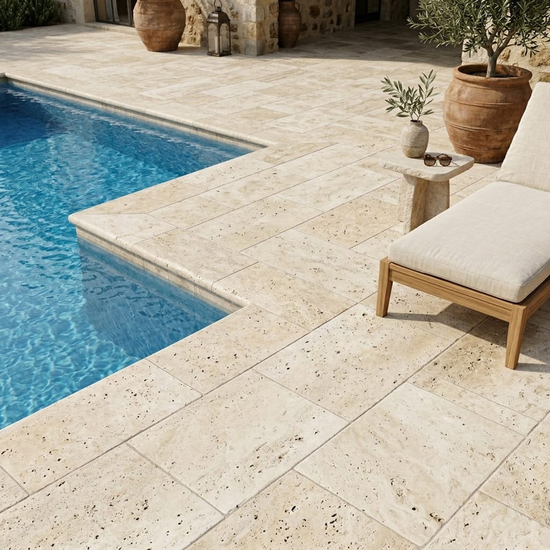 Ancient Castle Travertine Coping 12x24 Tumbled Bullnose 1.25 inch pool coping — Swimming Pool pool edge drop-face coping