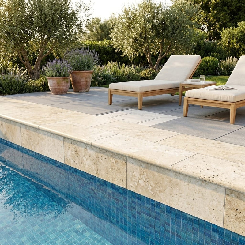 Ancient Castle Travertine Coping 12x24 Tumbled Bullnose 1.25 inch pool coping — Swimming Pool remodel pool edge