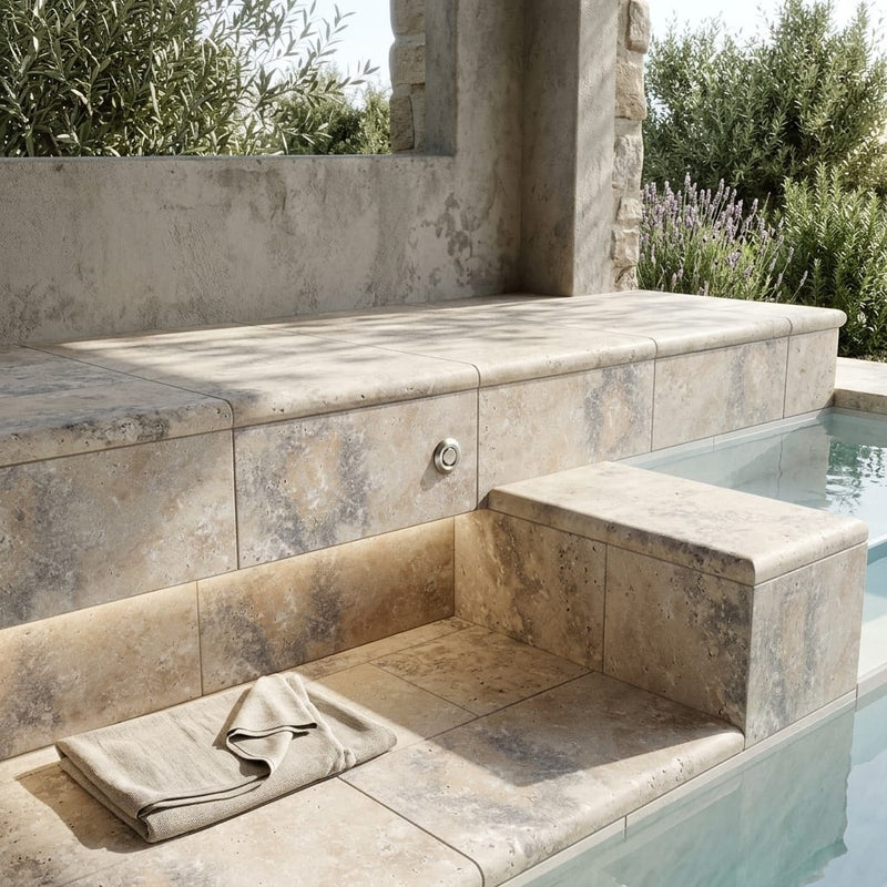 Ancient Castle Travertine Coping 12x24 Tumbled Bullnose 2 inch pool coping — Spa spa overhang edge