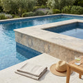 Ancient Castle Travertine Coping 12x24 Tumbled Bullnose 2 inch pool coping — Swimming Pool pool edge drop-face coping