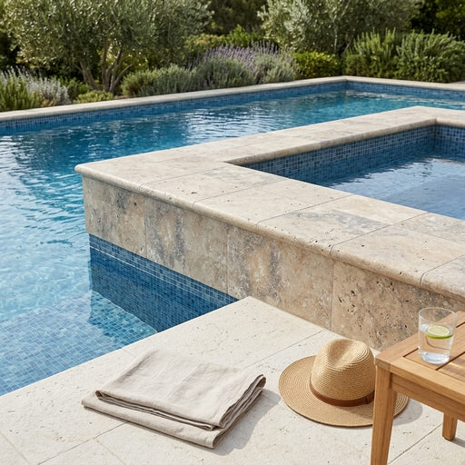Ancient Castle Travertine Coping 12x24 Tumbled Bullnose 2 inch pool coping — Swimming Pool pool edge drop-face coping