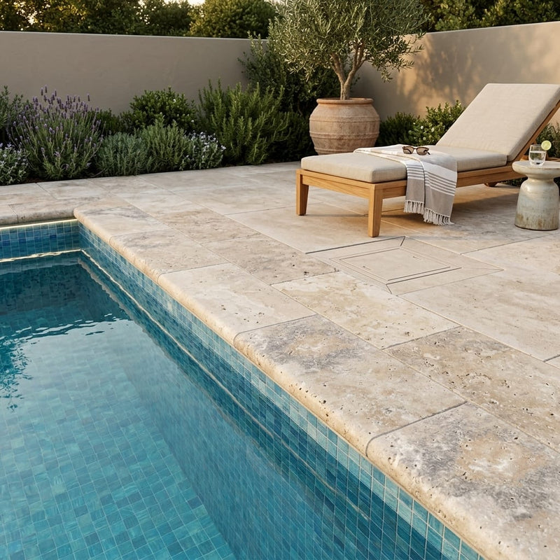 Ancient Castle Travertine Coping 12x24 Tumbled Bullnose 2 inch pool coping — Swimming Pool remodel pool edge