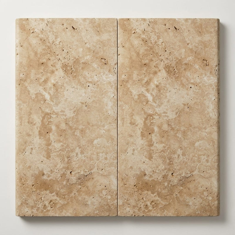 Ancient Castle Travertine Coping 12x24 Unfilled, Honed Bullnose 1.25 inch close-up