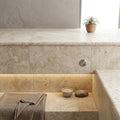 Ancient Castle Travertine Coping 12x24 Unfilled, Honed Bullnose 1.25 inch pool coping — Spa spa overhang edge