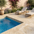 Ancient Castle Travertine Coping 12x24 Unfilled, Honed Bullnose 1.25 inch pool coping — Swimming Pool pool edge drop-face coping