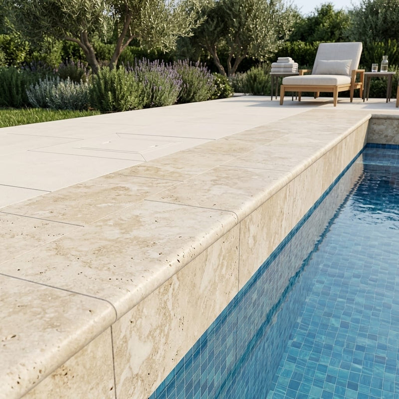 Ancient Castle Travertine Coping 12x24 Unfilled, Honed Bullnose 1.25 inch pool coping — Swimming Pool remodel pool edge