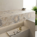 Ancient Castle Travertine Coping 12x24 Unfilled, Honed Bullnose 2 inch pool coping — Spa spa overhang edge