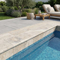 Ancient Castle Travertine Coping 12x24 Unfilled, Honed Bullnose 2 inch pool coping — Swimming Pool remodel pool edge