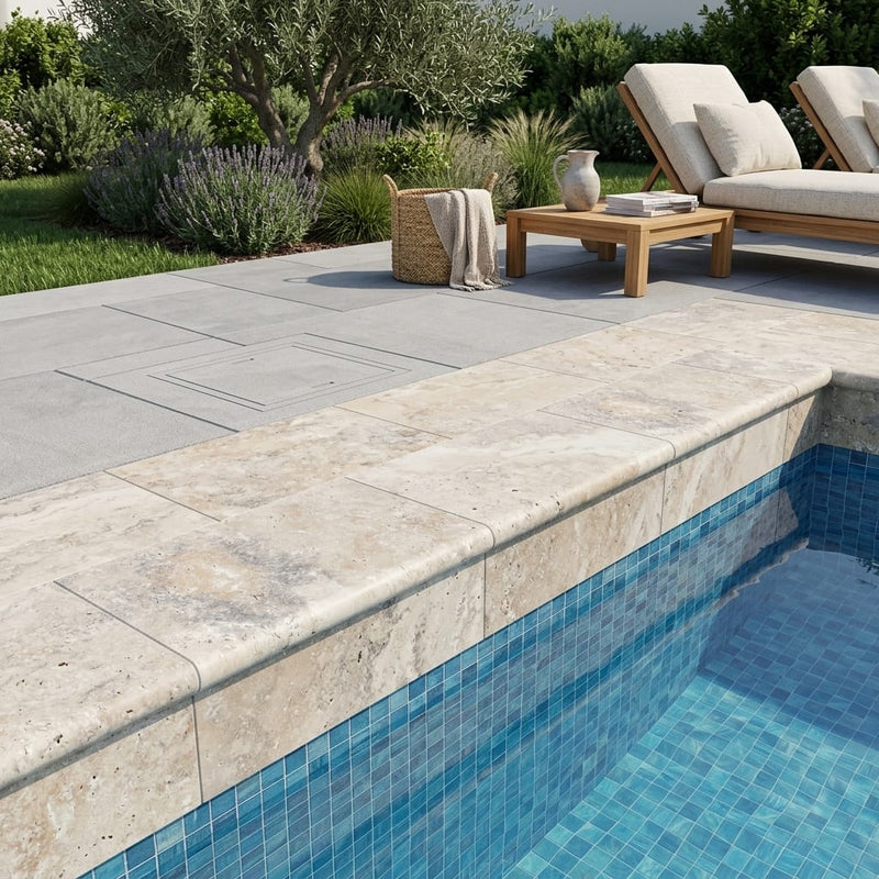 Ancient Castle Travertine Coping 12x24 Unfilled, Honed Bullnose 2 inch pool coping — Swimming Pool remodel pool edge