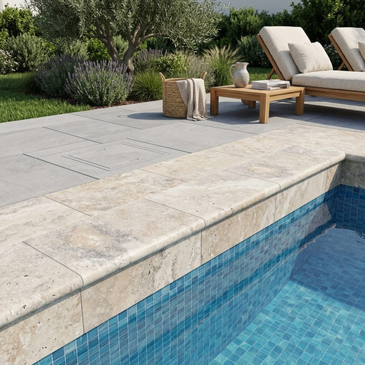 Ancient Castle Travertine Coping 12x24 Unfilled, Honed Bullnose 2 inch pool coping — Swimming Pool remodel pool edge