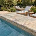 Ancient Castle Travertine Coping 16x24 Tumbled Bullnose 1.25 inch pool coping — Swimming Pool pool edge drop-face coping