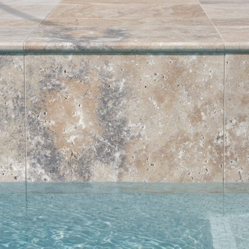 Ancient Castle Travertine Coping 16x24 Tumbled Bullnose 1.25 inch pool coping — Swimming Pool remodel pool edge