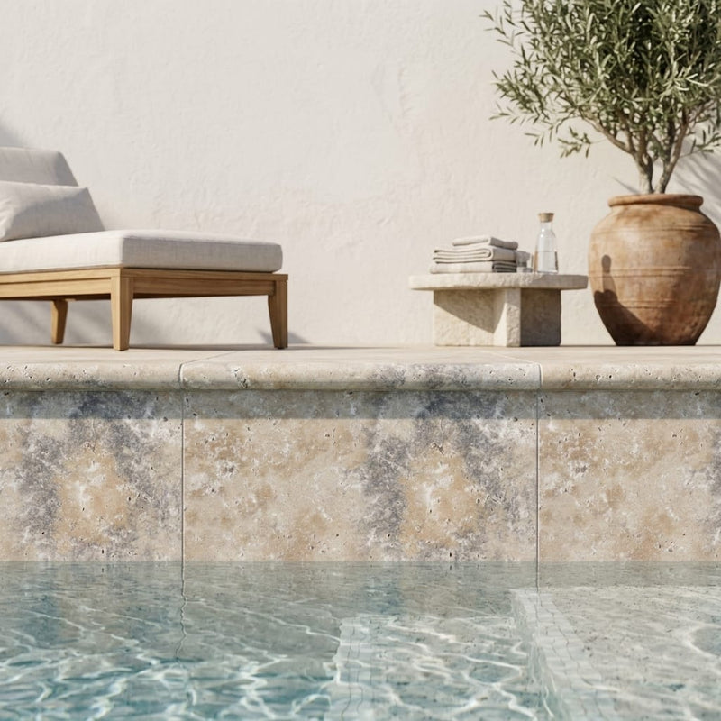 Ancient Castle Travertine Coping 16x24 Tumbled Bullnose 2 inch pool coping — Swimming Pool remodel pool edge