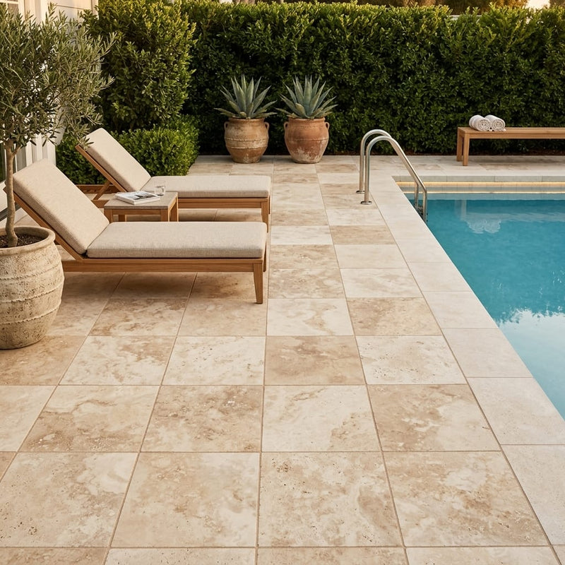 Ancient Castle Travertine Paver 12x12 Brushed 2 inch — Backyard pool deck