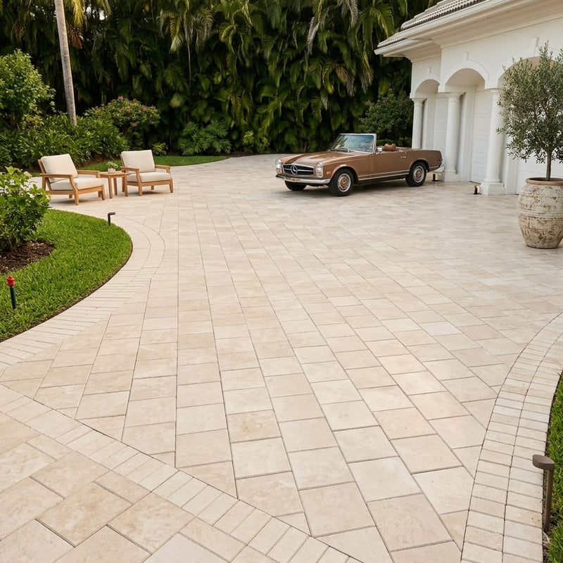 Ancient Castle Travertine Paver 12x12 Brushed 2 inch — Front Yard driveway