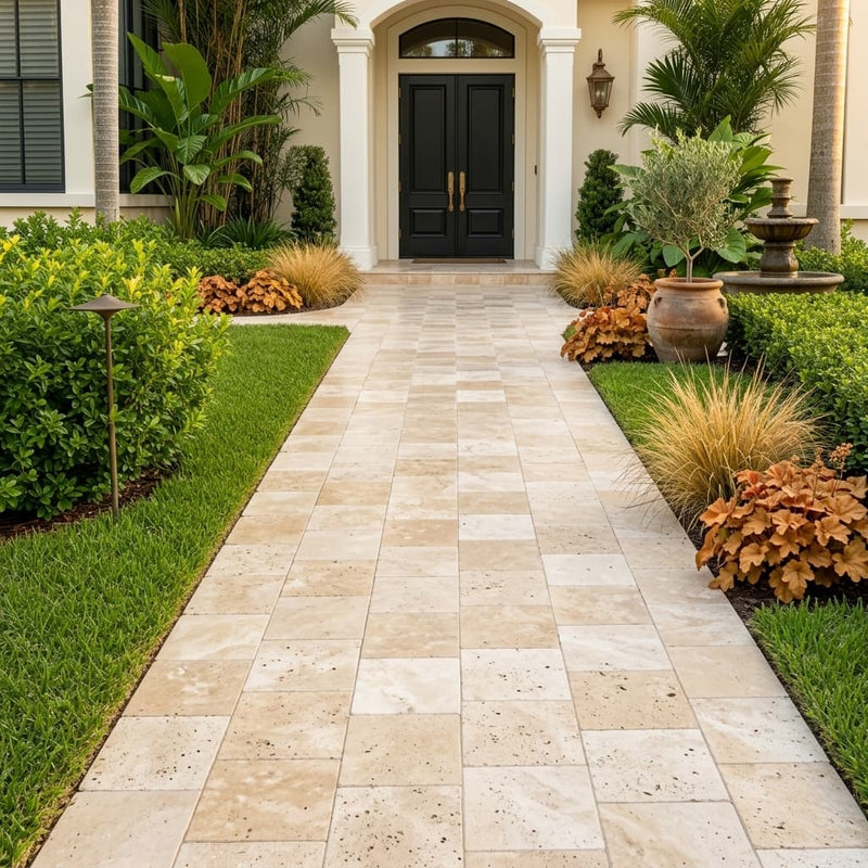 Ancient Castle Travertine Paver 12x12 Brushed 2 inch — Front Yard walkway