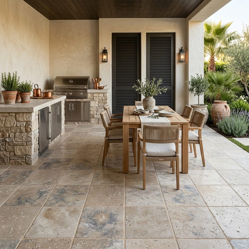 Ancient Castle Travertine Paver 12x12 Tumbled 1.25 inch — Backyard patio