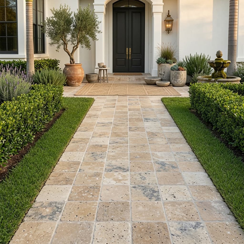Ancient Castle Travertine Paver 12x12 Tumbled 1.25 inch — Front Yard walkway