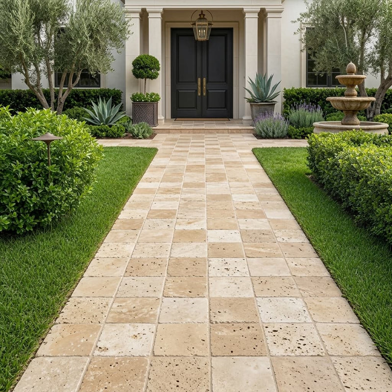 Ancient Castle Travertine Paver, 12x12, 1.25 in — Front Yard walkway