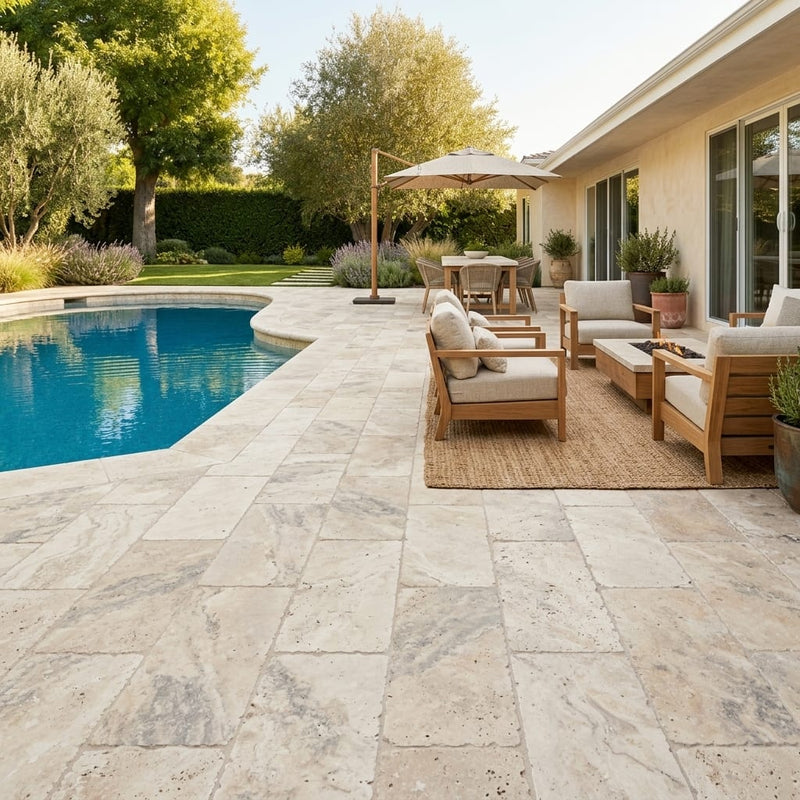 Ancient Castle Travertine Paver 12x24 Tumbled 2 inch — Backyard pool deck
