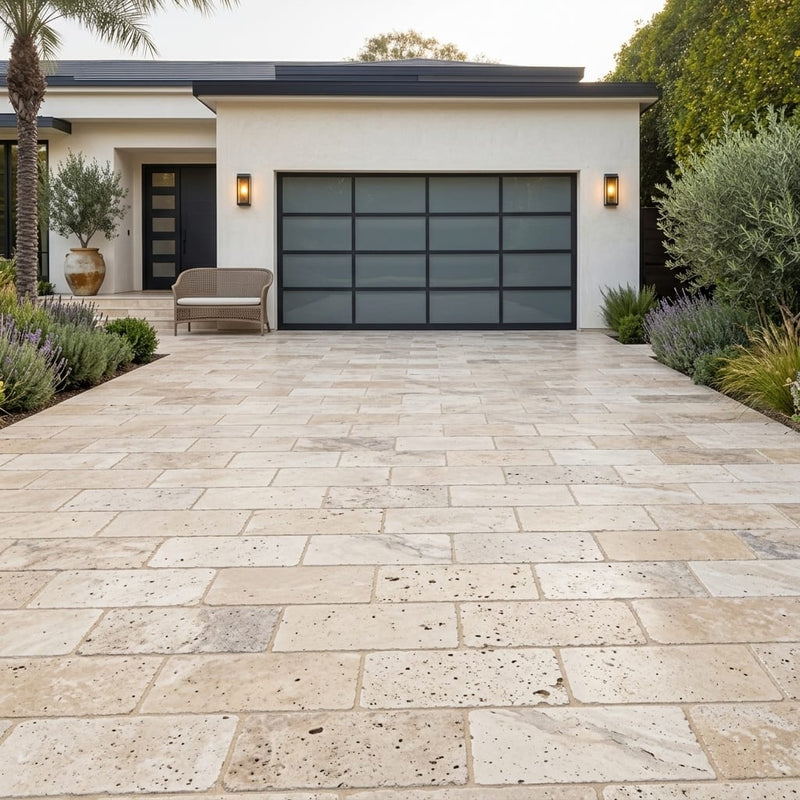 Ancient Castle Travertine Paver 12x24 Tumbled 2 inch — Front Yard driveway