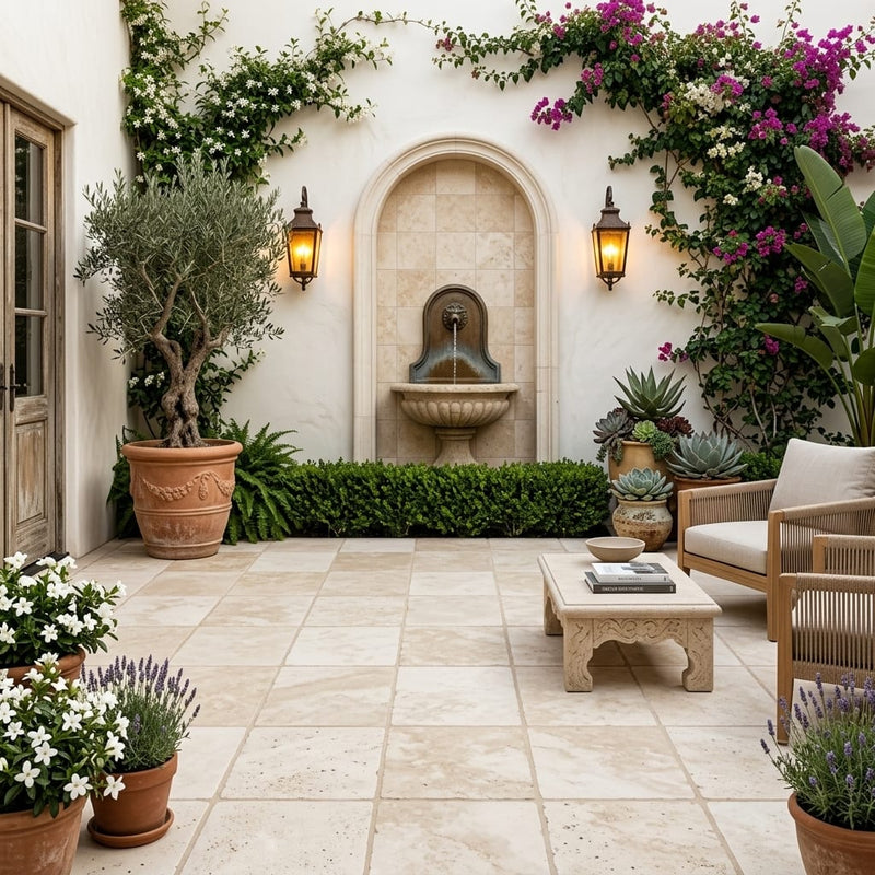 Ancient Castle Travertine Paver 14x14 Brushed 5 cm — Courtyard paving