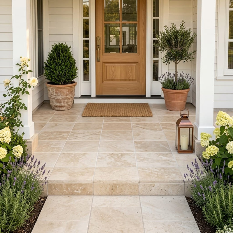 Ancient Castle Travertine Paver 14x14 Brushed 5 cm — Front Yard front porch