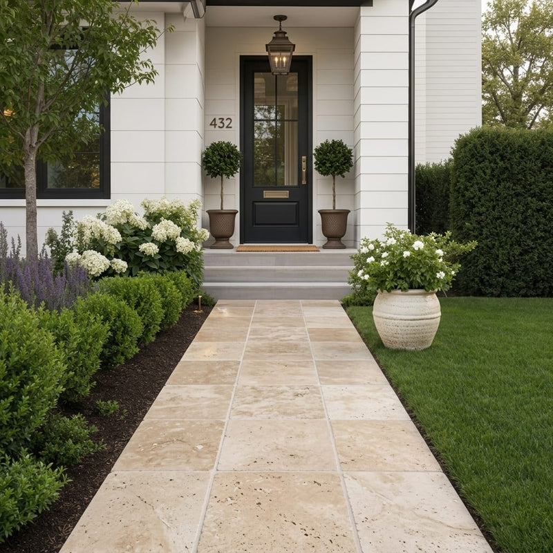 Ancient Castle Travertine Paver 14x14 Brushed 5 cm — Front Yard walkway
