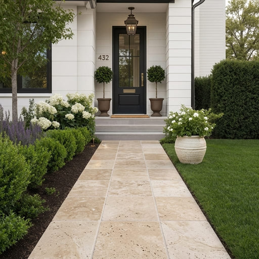 Ancient Castle Travertine Paver 14x14 Brushed 5 cm — Front Yard walkway