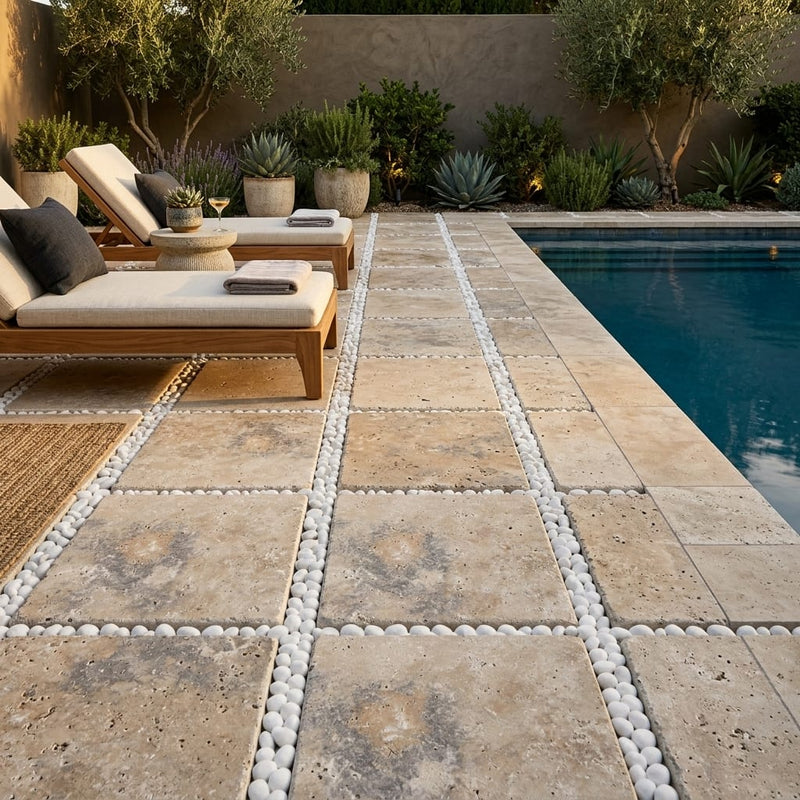 Ancient Castle Travertine Paver - Tumbled 16x16 1.25 inch — Backyard pool deck