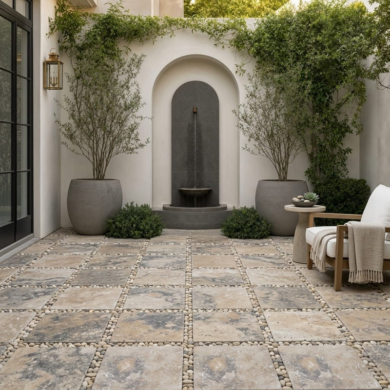 Ancient Castle Travertine Paver - Tumbled 16x16 1.25 inch — Courtyard paving