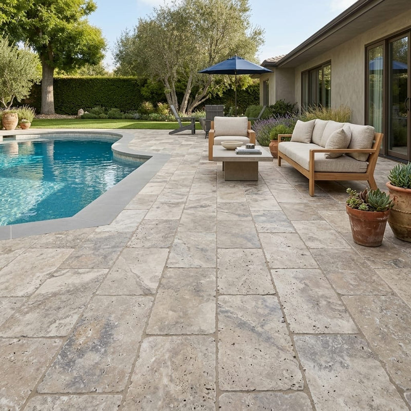Ancient Castle Travertine Paver in Tumbled Grey, 16x24 size — Backyard pool deck