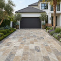 Ancient Castle Travertine Paver in Tumbled Grey, 16x24 size — Front Yard driveway