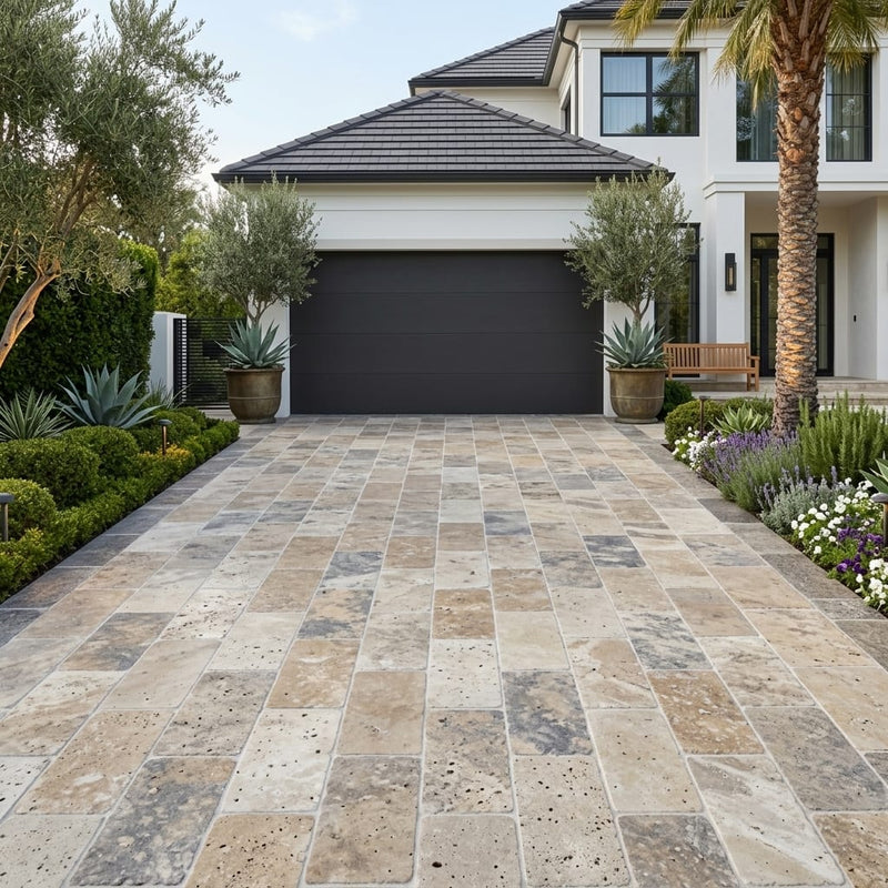 Ancient Castle Travertine Paver in Tumbled Grey, 16x24 size — Front Yard driveway