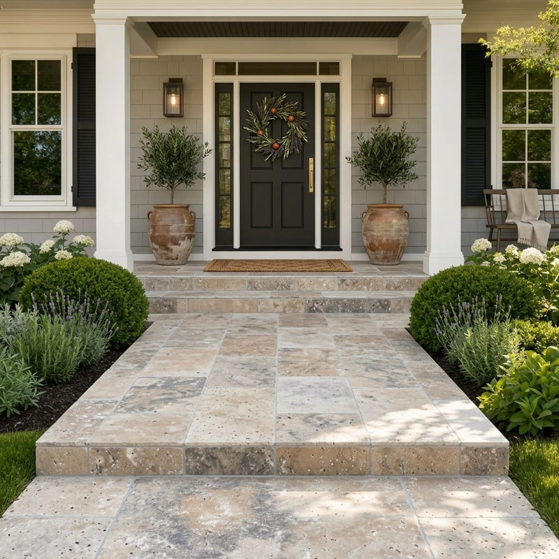 Ancient Castle Travertine Paver in Tumbled Grey, 16x24 size — Front Yard front porch