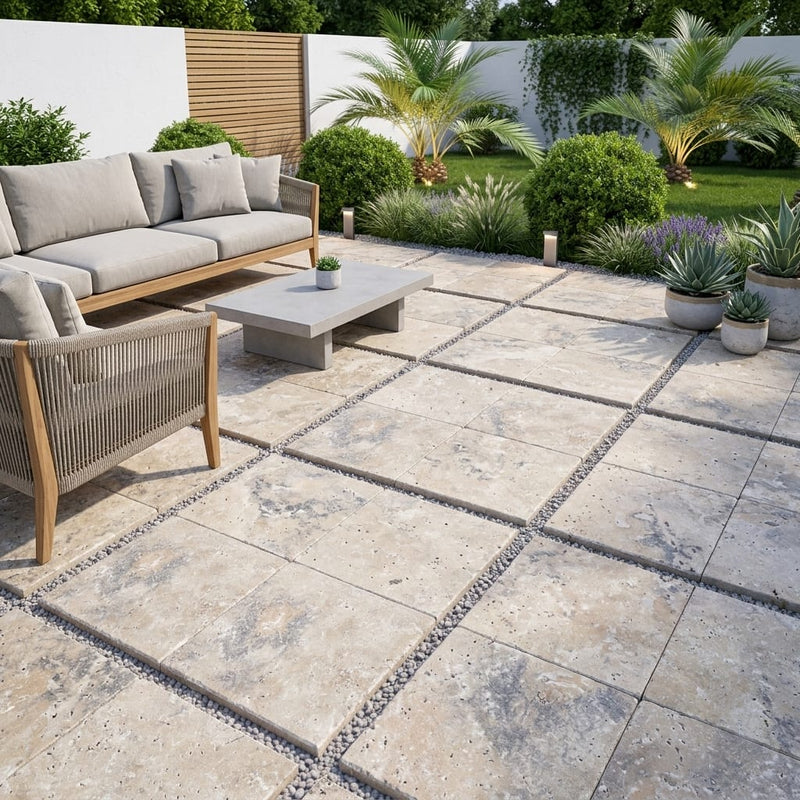 Ancient Castle Travertine Paver, Tumbled 24x24, 1.25 in — Backyard patio